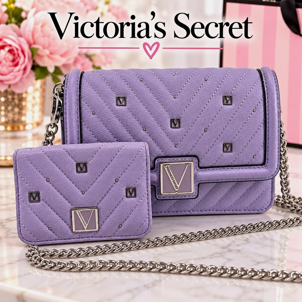 Victoria's Secret Lavender V Quilt Crossbody Bag Purse Card Holder Chain Strap